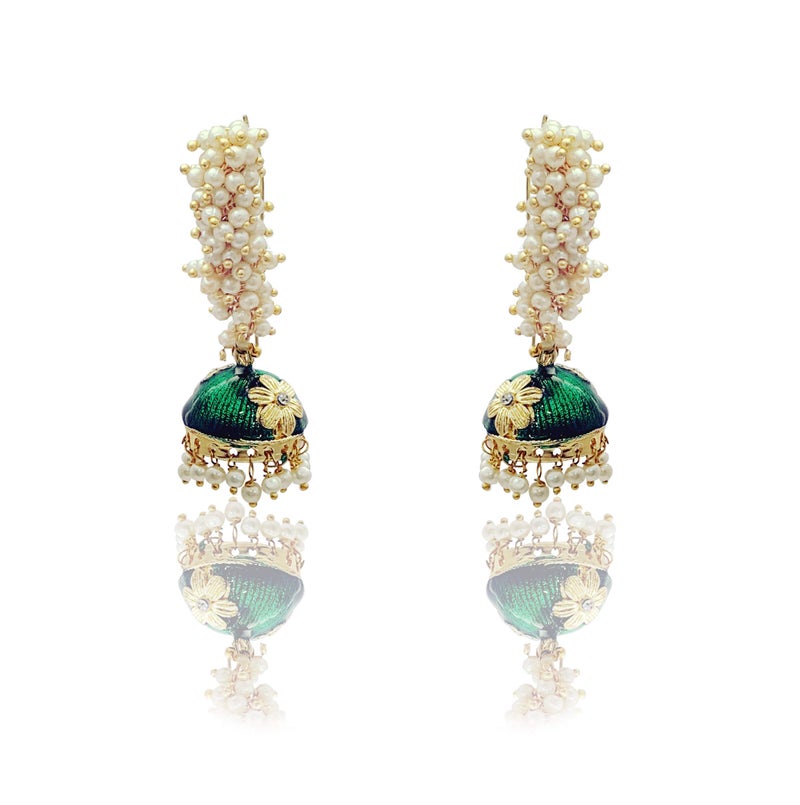 Moonstruck Golden Meenakari Jhumkas With White Pearls For Women (Green) - Image 1
